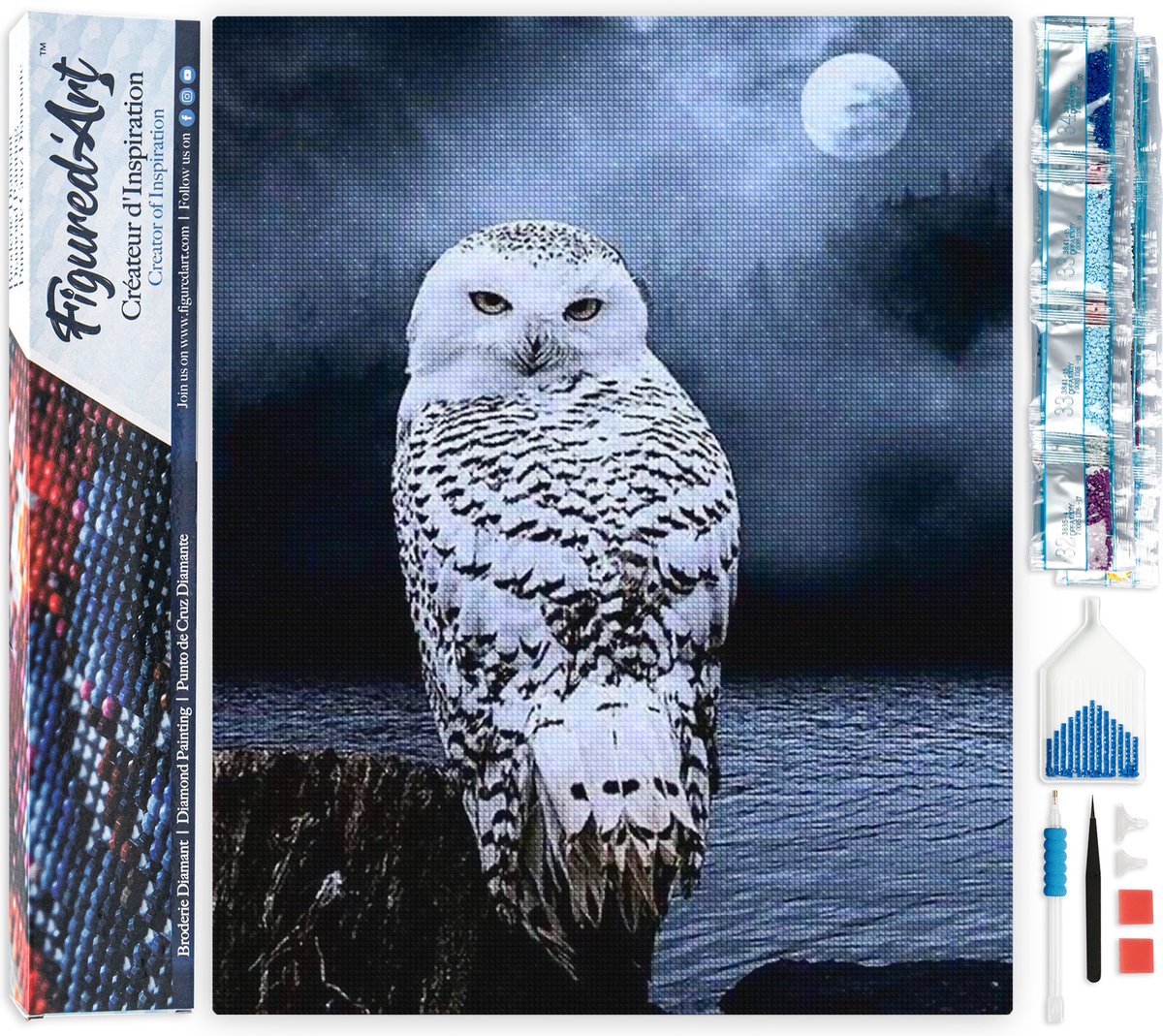 FiguredArt Diamond Painting set Volwassenen 40x50 cm Witte Uil - 5D DIY Art full drill vierkante diamant - Opgerold canvas